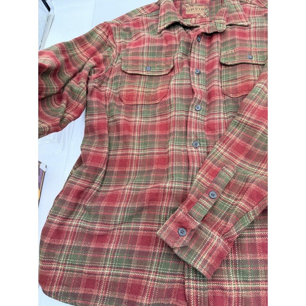 Orvis Large Flannel Button Down Red Green Plaid Workwear Shirt Cabin Classic - Picture 10 of 12